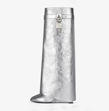Botas altas de cuña de metal para mujer, talla grande, por debajo de la rodilla
