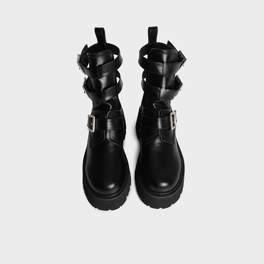 Tragen Sie modische Damenstiefel mit rundem Kopf und dicker Sohle