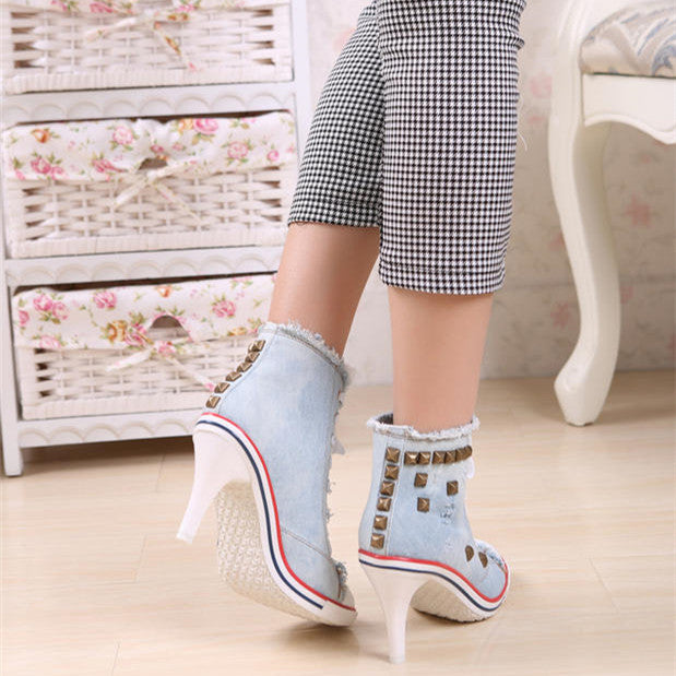 Zapatos de mujer de punta redonda con tacones altos de mezclilla