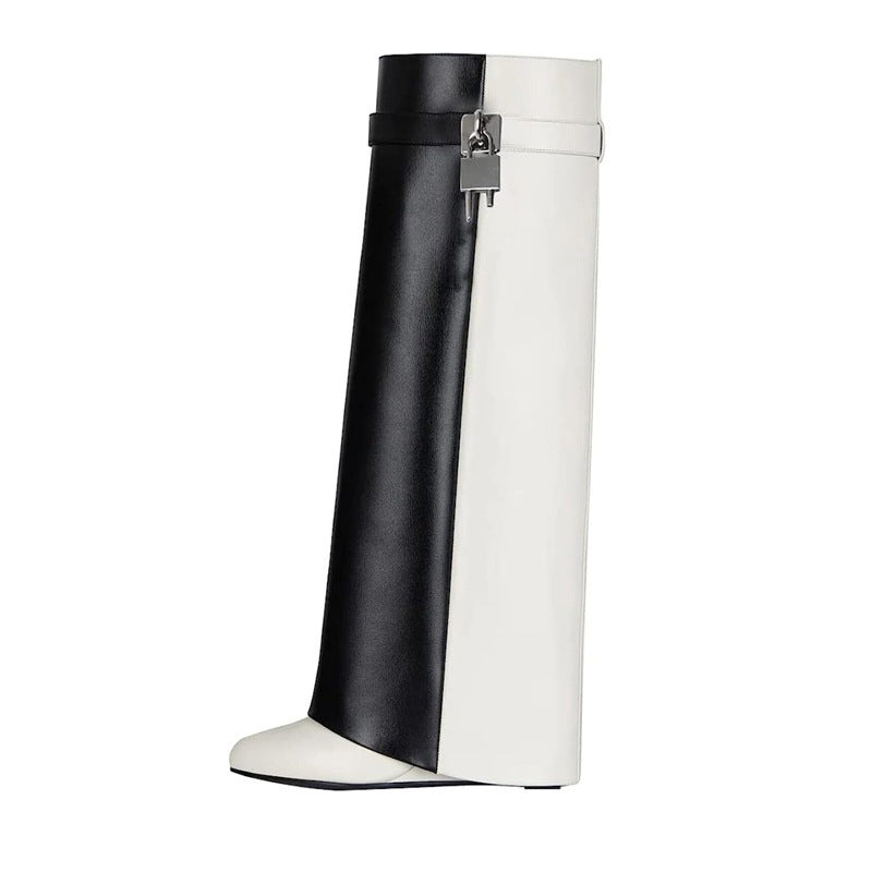 Botas altas de cuña de metal para mujer, talla grande, por debajo de la rodilla