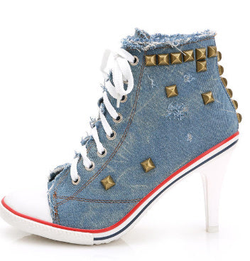 Zapatos de mujer de punta redonda con tacones altos de mezclilla