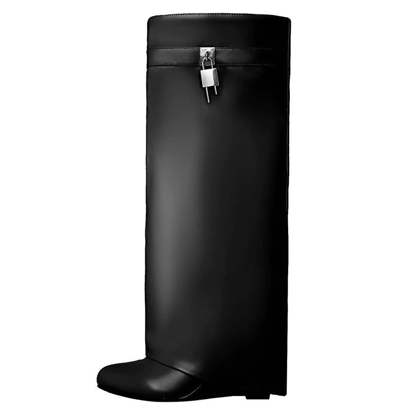 Botas altas de cuña de metal para mujer, talla grande, por debajo de la rodilla