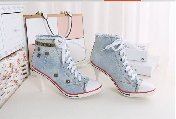Zapatos de mujer de punta redonda con tacones altos de mezclilla