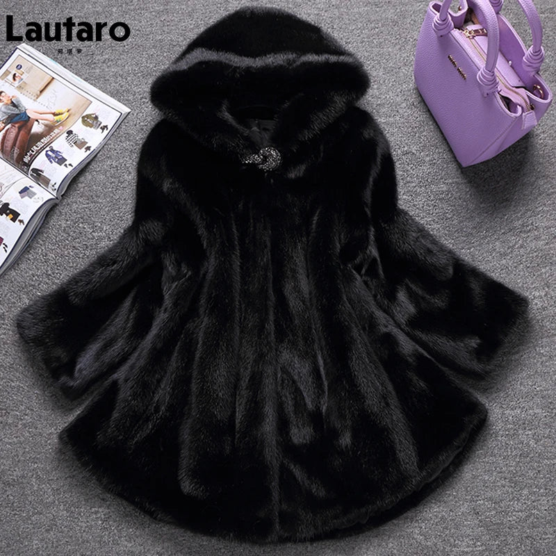 Lautaro - Abrigo de piel sintética de visón suave y grueso para mujer, color negro, cálido, de invierno, con capucha, elegante y lujoso, talla 2022, 4xl, 5xl, 6xl, 7xl