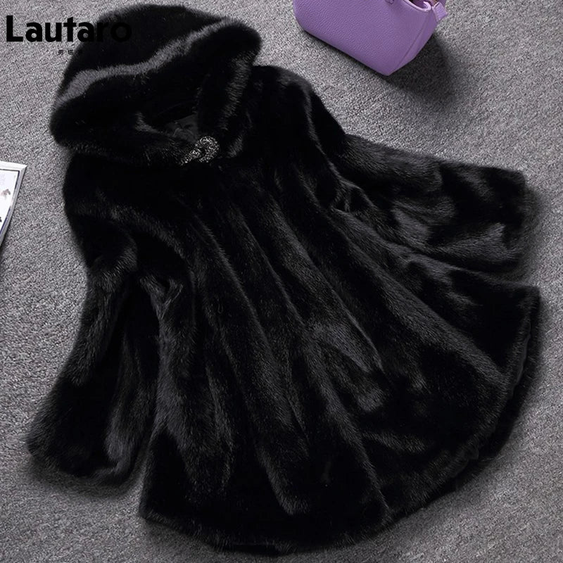Lautaro - Abrigo de piel sintética de visón suave y grueso para mujer, color negro, cálido, de invierno, con capucha, elegante y lujoso, talla 2022, 4xl, 5xl, 6xl, 7xl