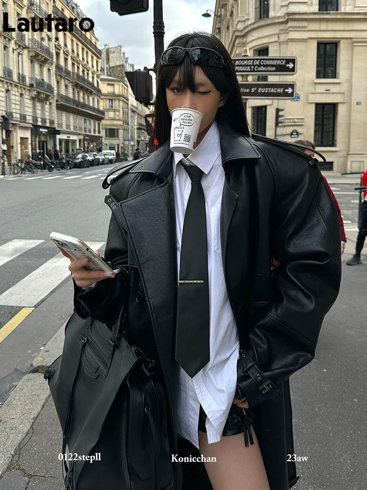 Lautaro Frühling Herbst Extra Langer Schwarzer Trenchcoat Aus Pu-leder Für Damen Mit Hohem Schlitz Auf Der Rückseite Luxus Chic Europäische Mode 2024