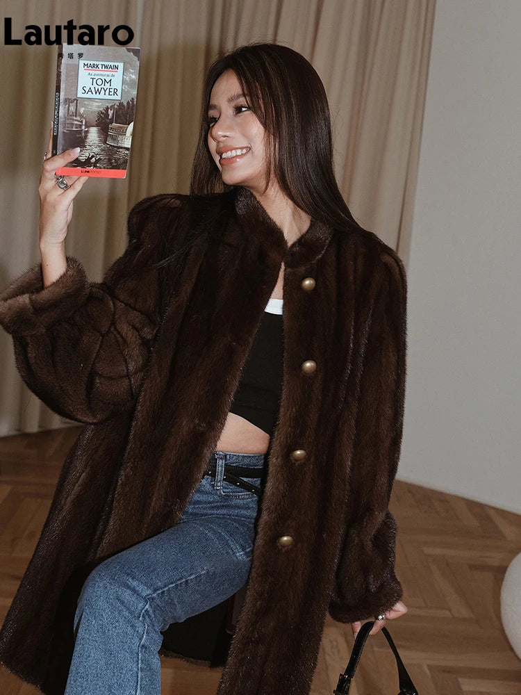 Lautaro - Abrigo de piel sintética de visón suave y grueso para mujer, color marrón, de invierno, con cuello alto y manga larga, elegante y lujoso, 2023