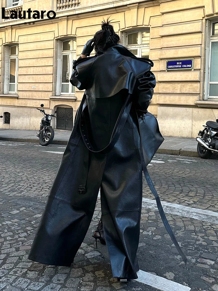 Lautaro Frühling Herbst Extra Langer Schwarzer Trenchcoat Aus Pu-leder Für Damen Mit Hohem Schlitz Auf Der Rückseite Luxus Chic Europäische Mode 2024