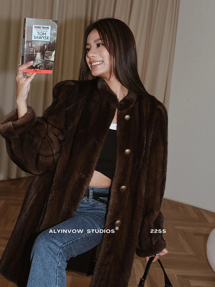 Lautaro - Abrigo de piel sintética de visón suave y grueso para mujer, color marrón, de invierno, con cuello alto y manga larga, elegante y lujoso, 2023