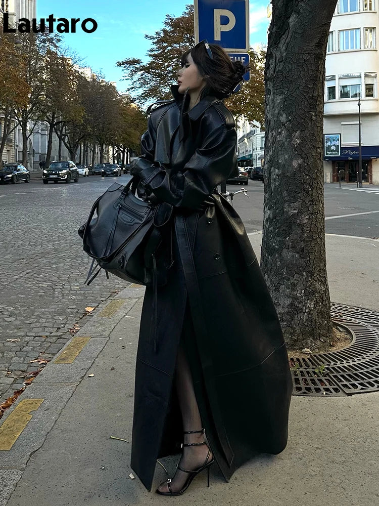 Lautaro Frühling Herbst Extra Langer Schwarzer Trenchcoat Aus Pu-leder Für Damen Mit Hohem Schlitz Auf Der Rückseite Luxus Chic Europäische Mode 2024