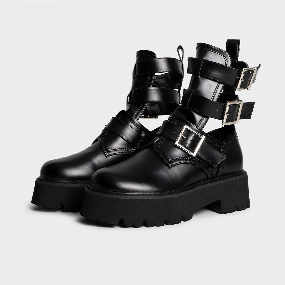 Tragen Sie modische Damenstiefel mit rundem Kopf und dicker Sohle