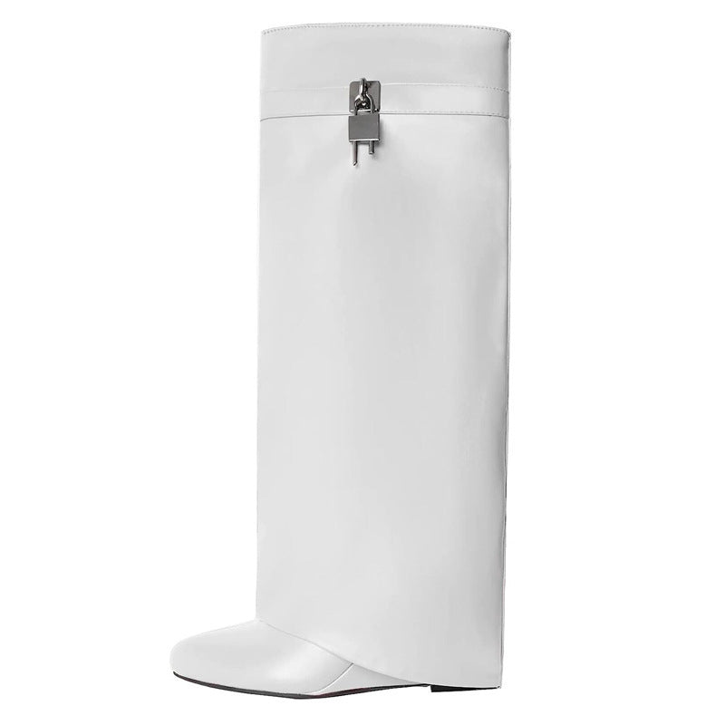 Botas altas de cuña de metal para mujer, talla grande, por debajo de la rodilla
