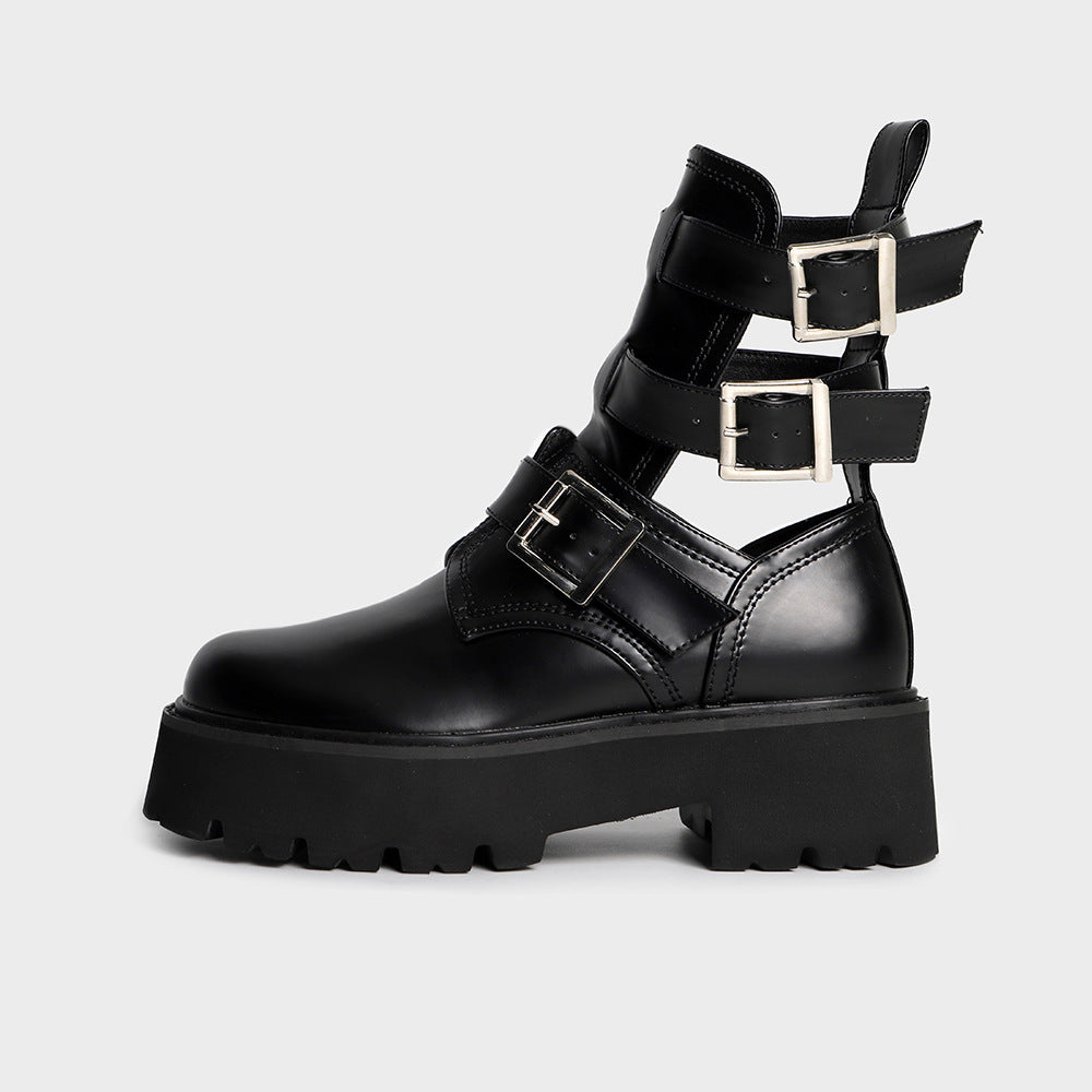 Tragen Sie modische Damenstiefel mit rundem Kopf und dicker Sohle