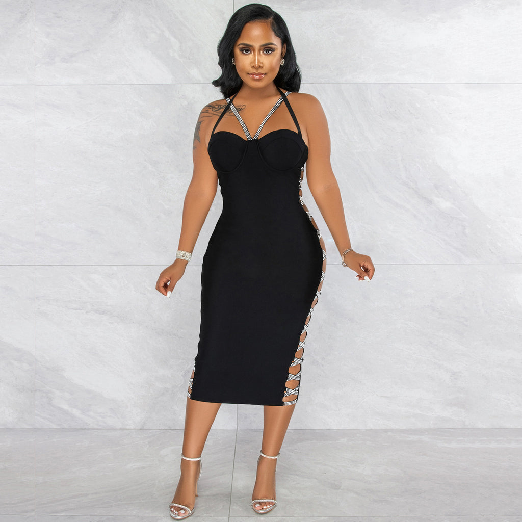 Solid Color Sexy Hollow Out Cutout-out Camisole Zipper Dress Split Dress for Women