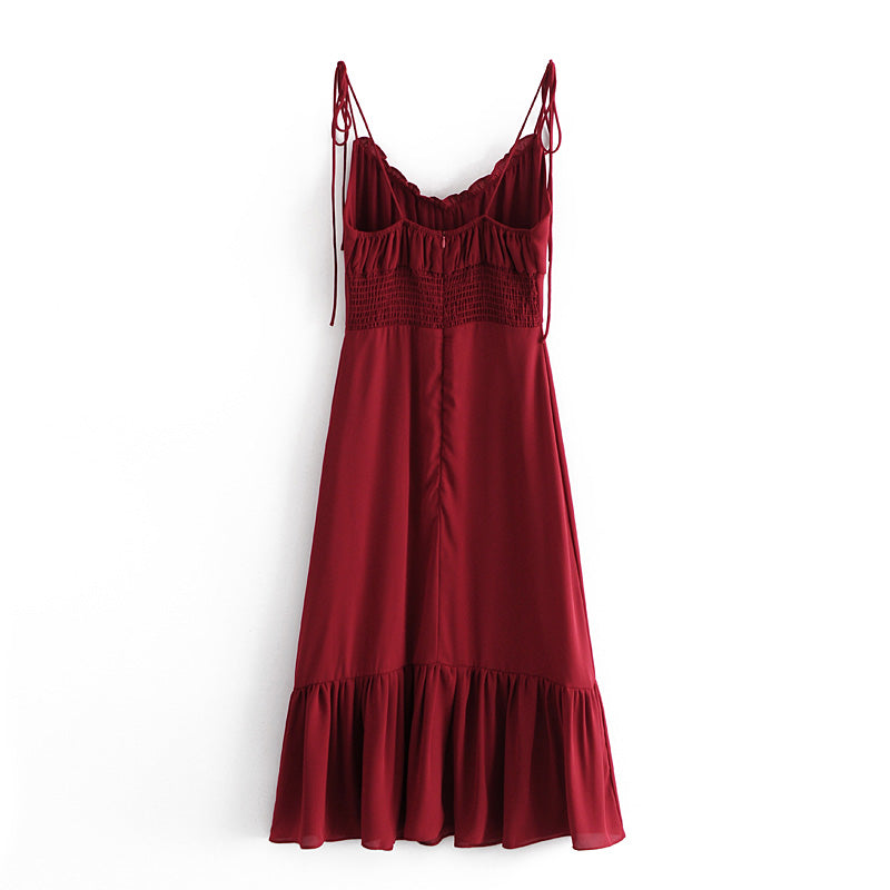Fall Pullover Spaghetti Strap Strap Lace Up Vacation V Neck Pleated Waist Tight Ruffled Hem Dress
