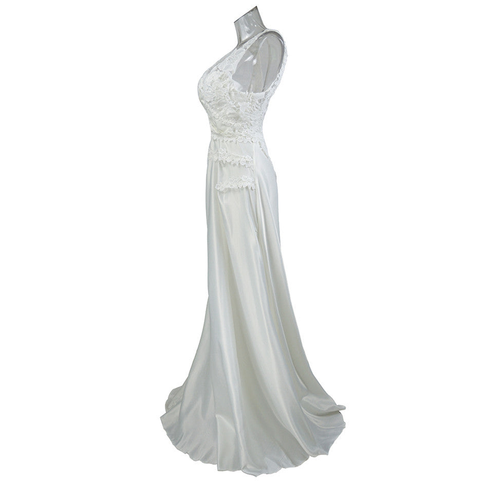 Wedding Women Clothing Women Solid Color Lace Splicing Sling Hollow Out Cutout Backless Dress Toast Dress Formal Dress