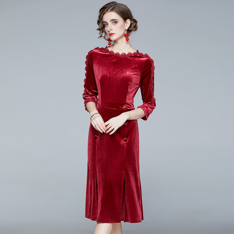 Autumn Winter New Three Quarter Sleeve Slim Wrap Buttock Velvet Dress Temperament Split Fishtail