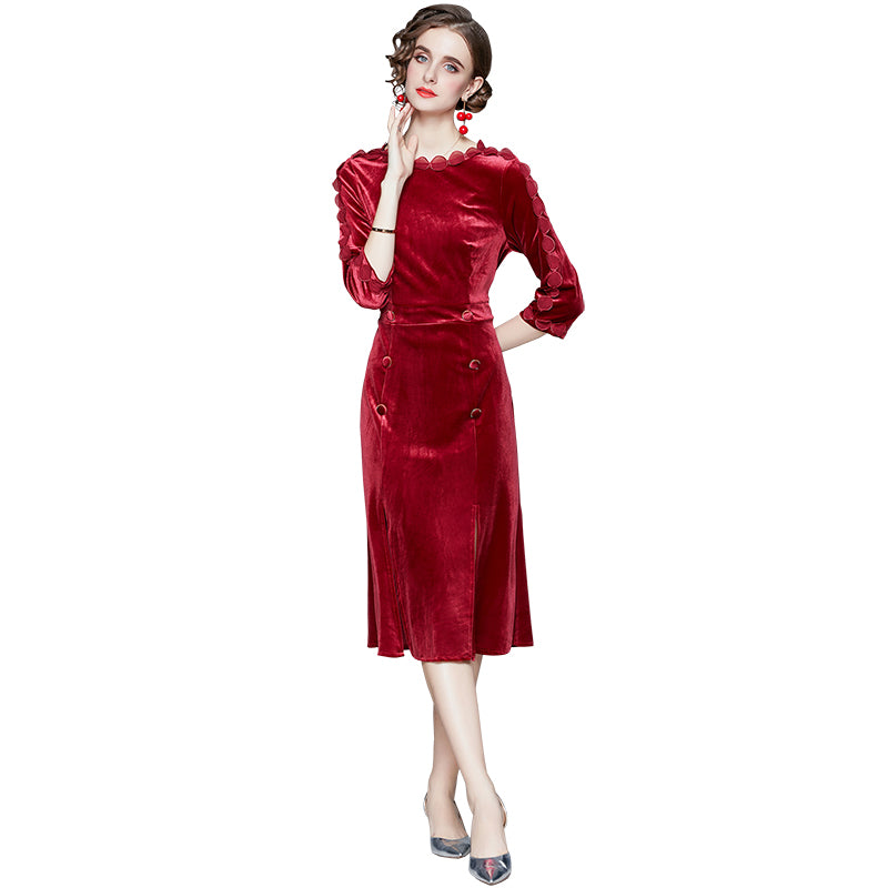 Autumn Winter New Three Quarter Sleeve Slim Wrap Buttock Velvet Dress Temperament Split Fishtail