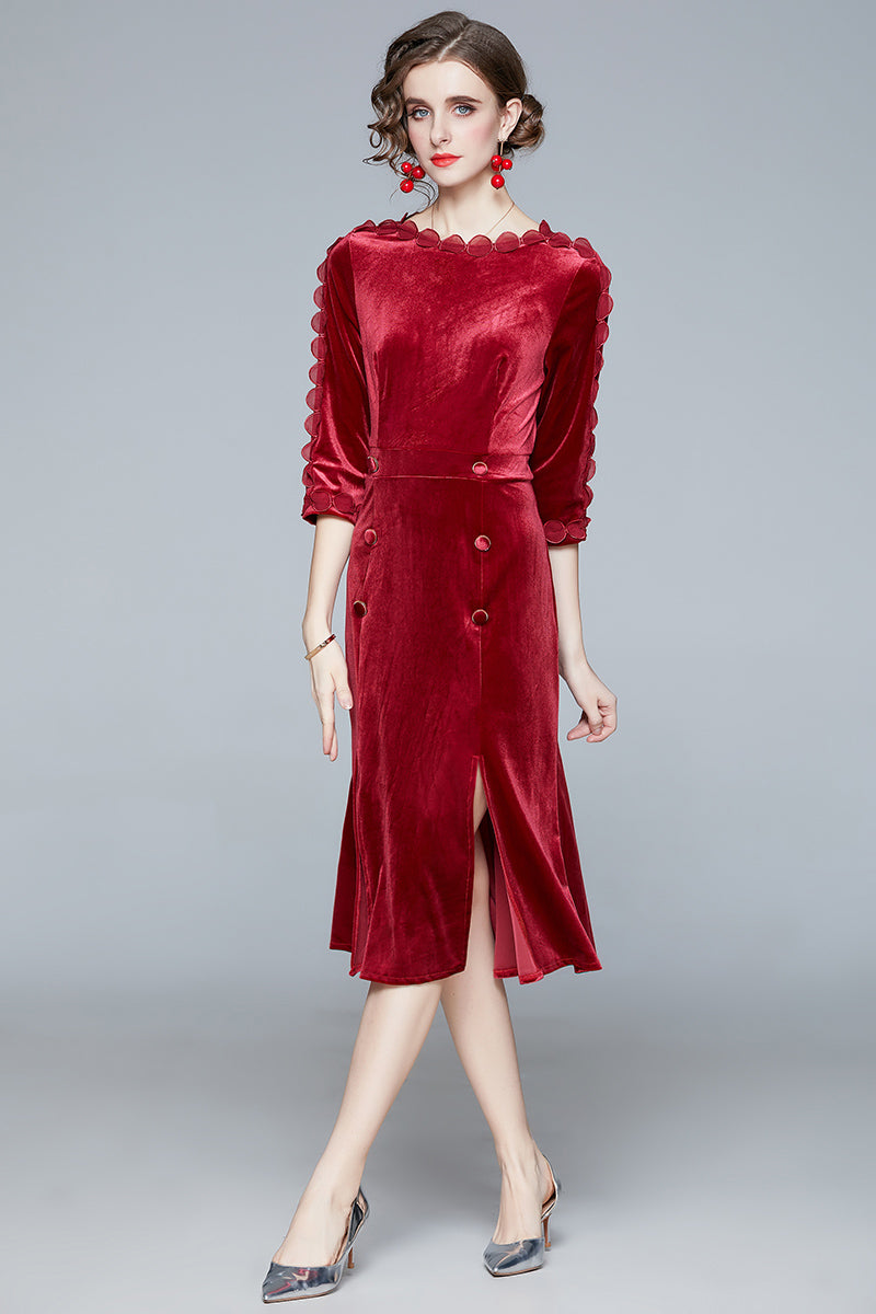 Autumn Winter New Three Quarter Sleeve Slim Wrap Buttock Velvet Dress Temperament Split Fishtail