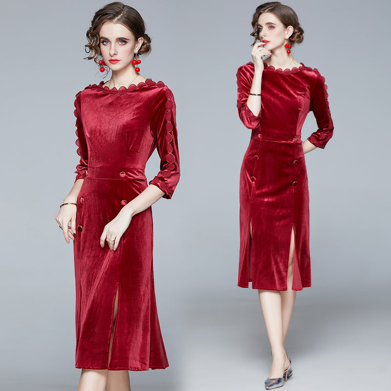 Autumn Winter New Three Quarter Sleeve Slim Wrap Buttock Velvet Dress Temperament Split Fishtail