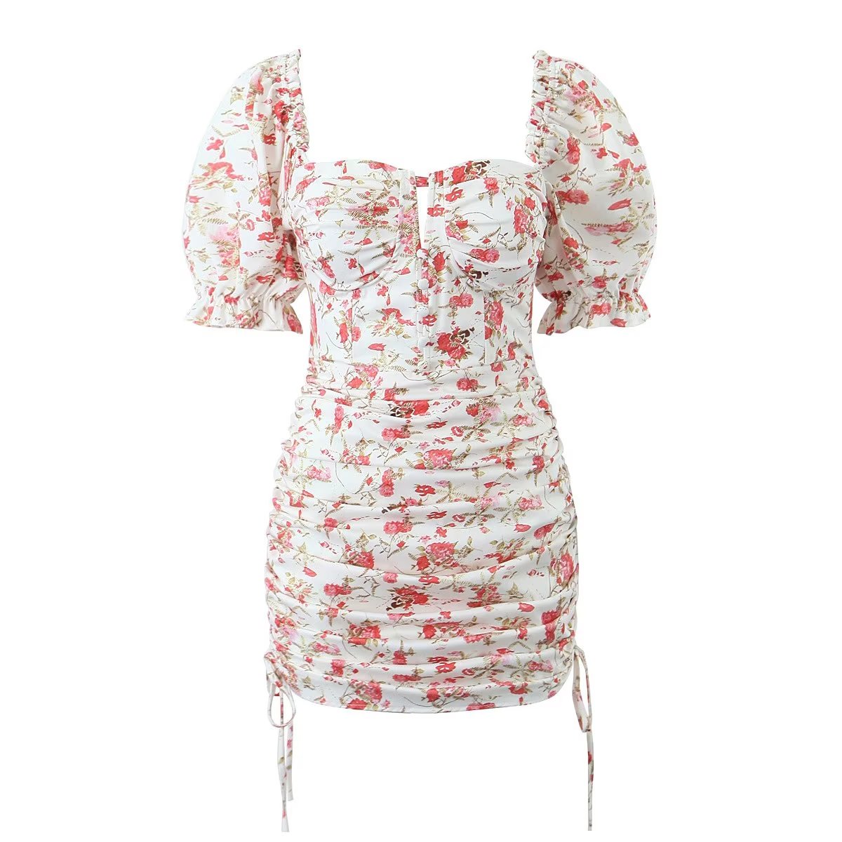 Backless Drawstring Short Sleeve Hip Fashionable Square Collar Short Early Spring Printed Dress Women Crisscross
