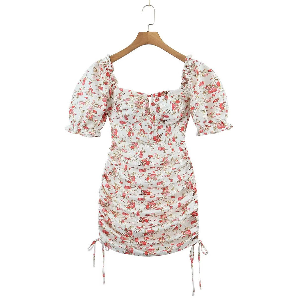 Backless Drawstring Short Sleeve Hip Fashionable Square Collar Short Early Spring Printed Dress Women Crisscross