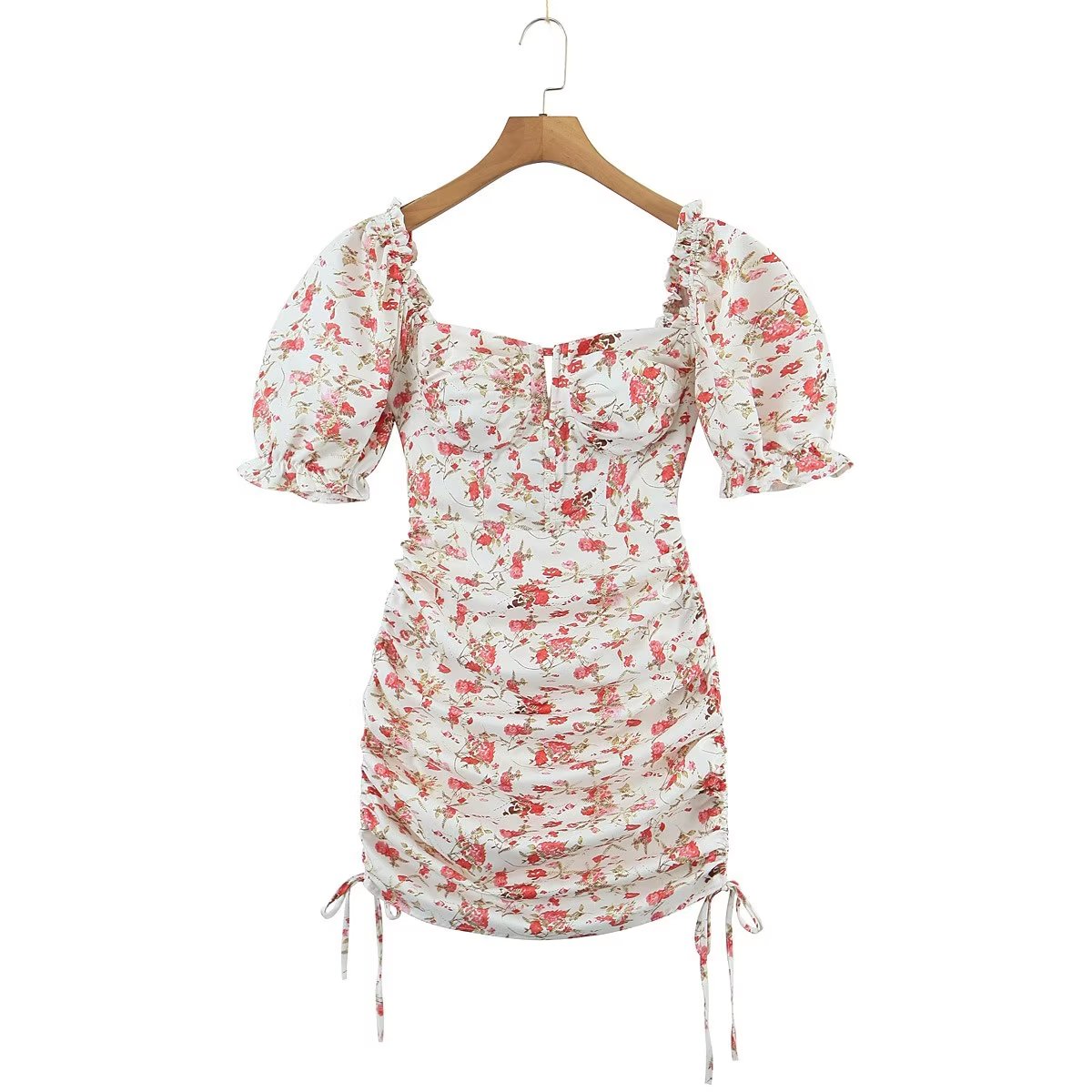 Backless Drawstring Short Sleeve Hip Fashionable Square Collar Short Early Spring Printed Dress Women Crisscross