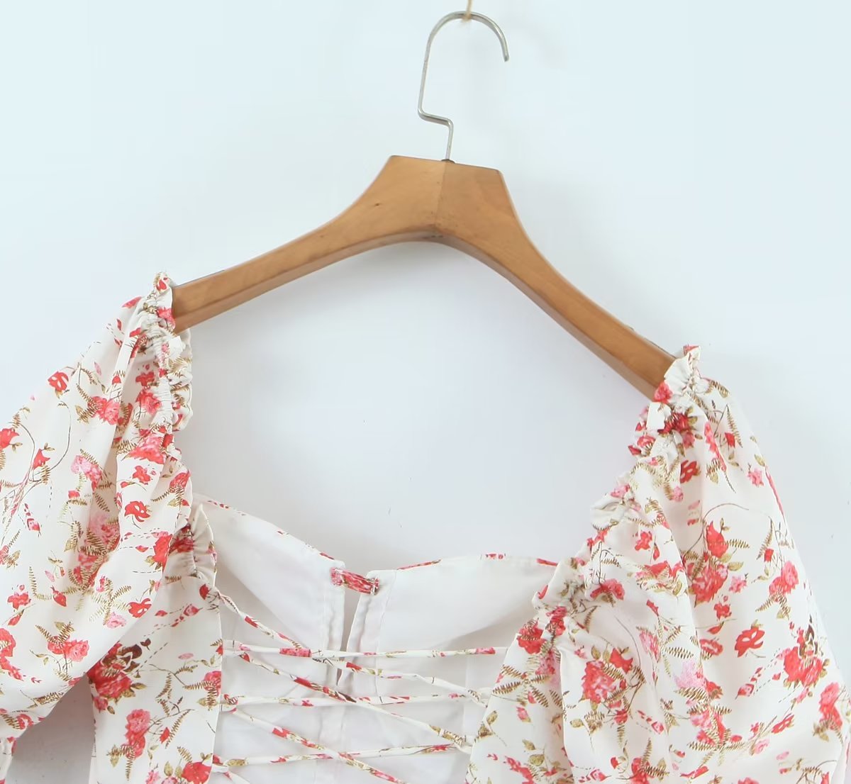 Backless Drawstring Short Sleeve Hip Fashionable Square Collar Short Early Spring Printed Dress Women Crisscross