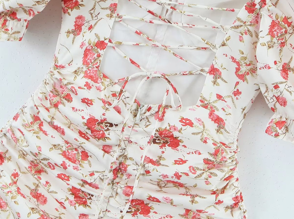Backless Drawstring Short Sleeve Hip Fashionable Square Collar Short Early Spring Printed Dress Women Crisscross