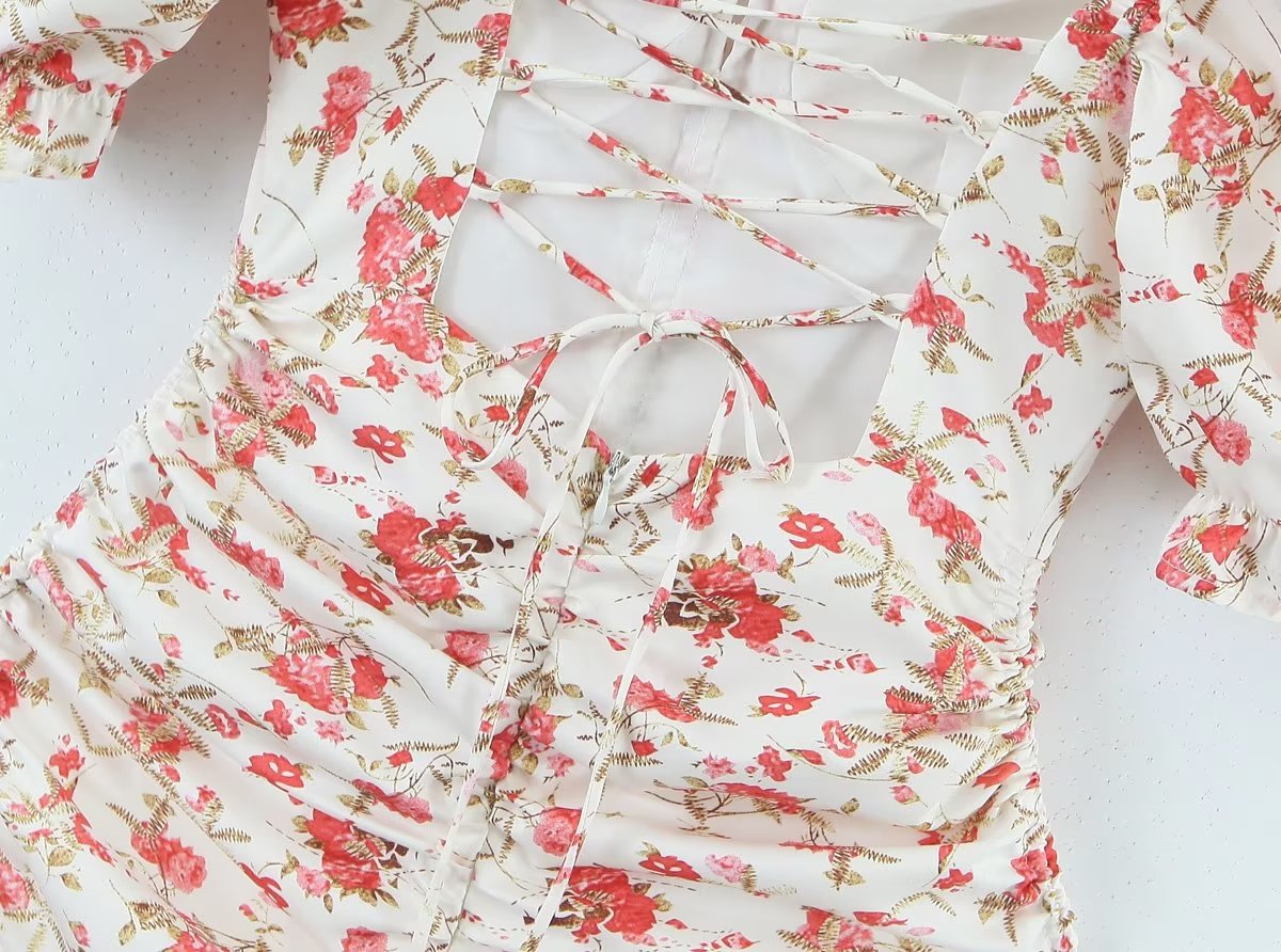 Backless Drawstring Short Sleeve Hip Fashionable Square Collar Short Early Spring Printed Dress Women Crisscross