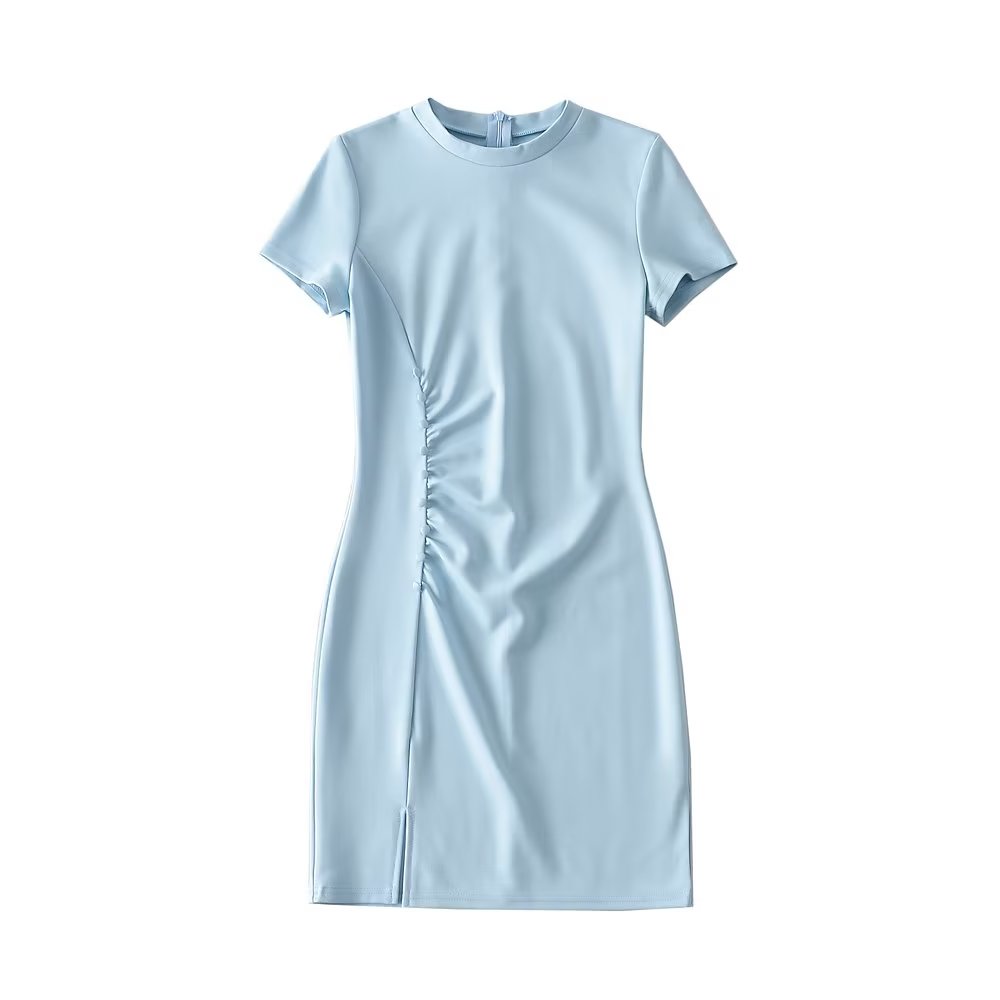 Summer round Neck Stretch Slim Fit Short-Sleeved Dress Women Sexy Tight Side Pleated Small Split Hip