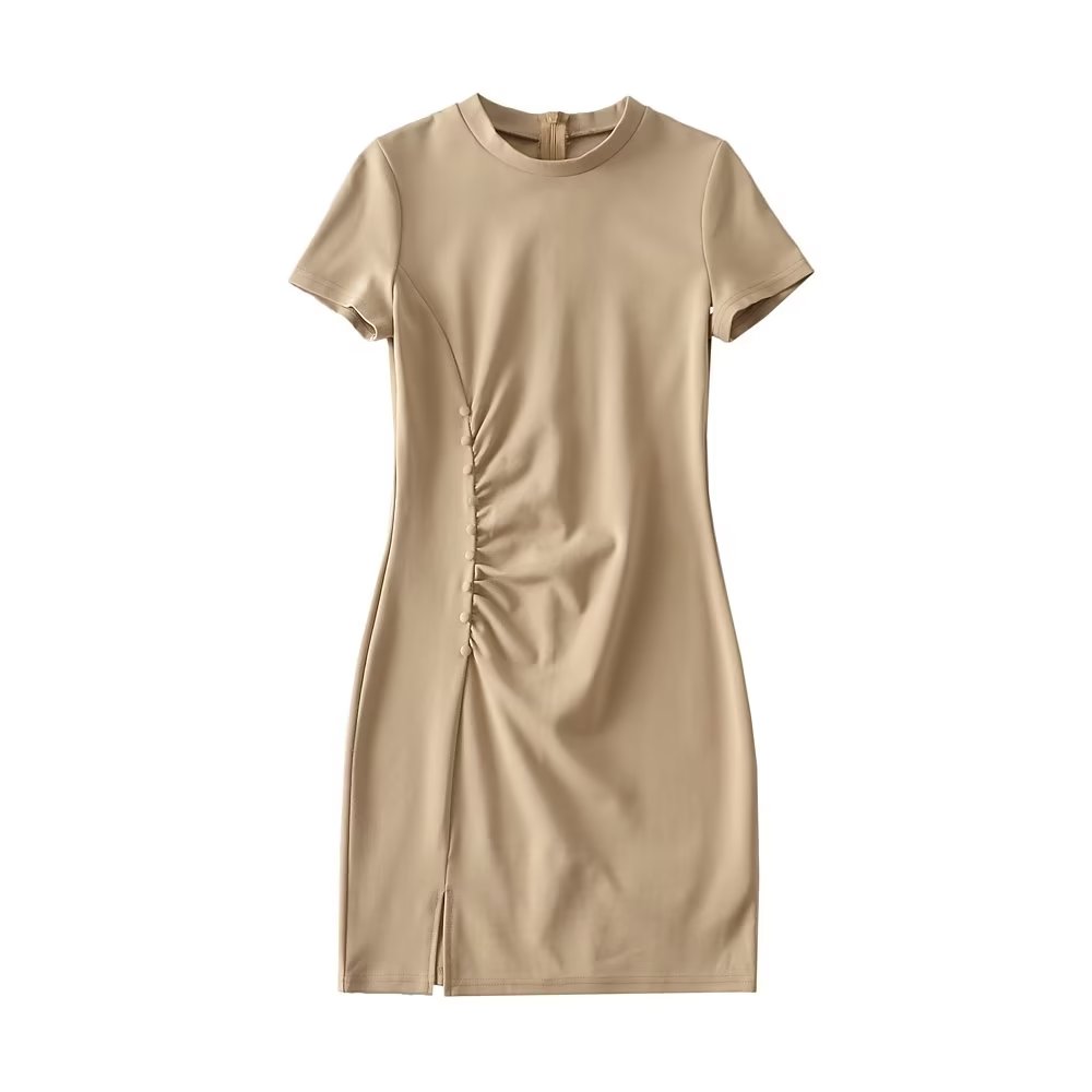Summer round Neck Stretch Slim Fit Short-Sleeved Dress Women Sexy Tight Side Pleated Small Split Hip