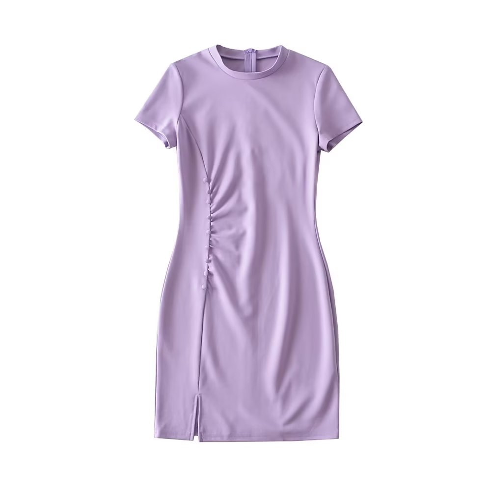 Summer round Neck Stretch Slim Fit Short-Sleeved Dress Women Sexy Tight Side Pleated Small Split Hip