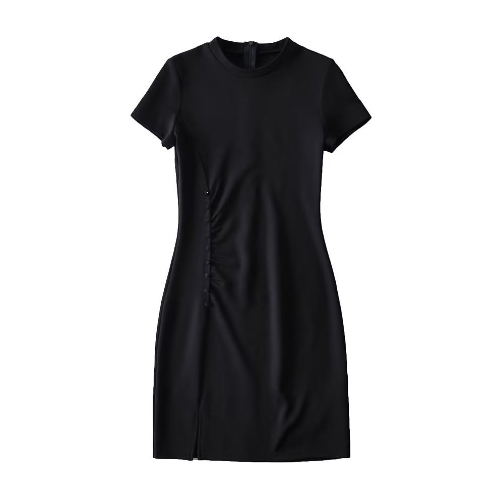 Summer round Neck Stretch Slim Fit Short-Sleeved Dress Women Sexy Tight Side Pleated Small Split Hip