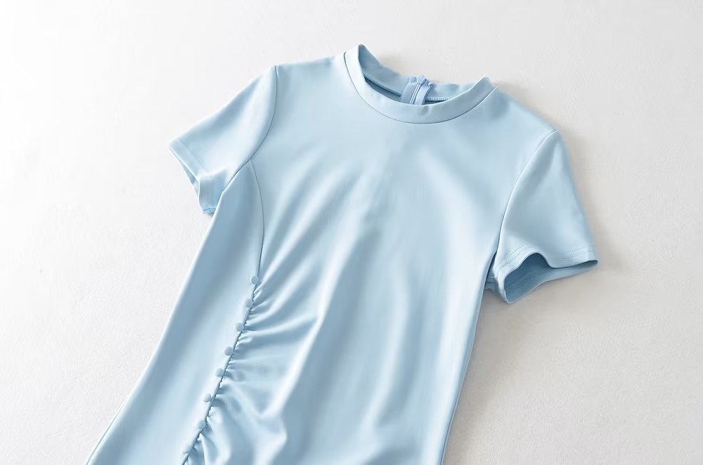 Summer round Neck Stretch Slim Fit Short-Sleeved Dress Women Sexy Tight Side Pleated Small Split Hip