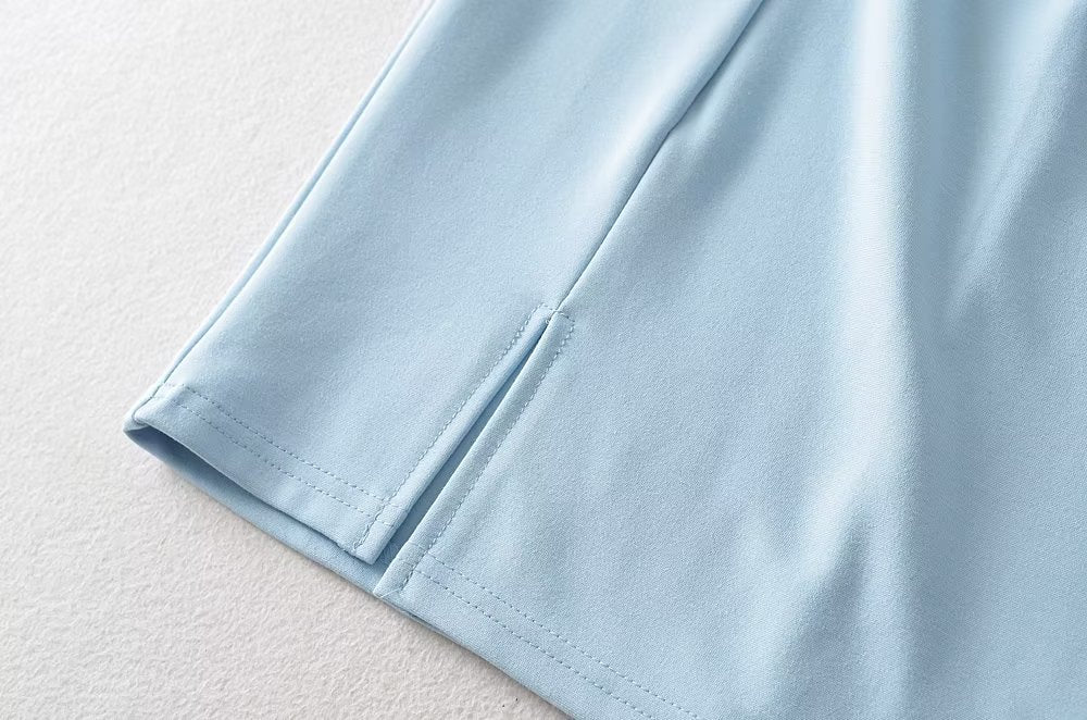 Summer round Neck Stretch Slim Fit Short-Sleeved Dress Women Sexy Tight Side Pleated Small Split Hip