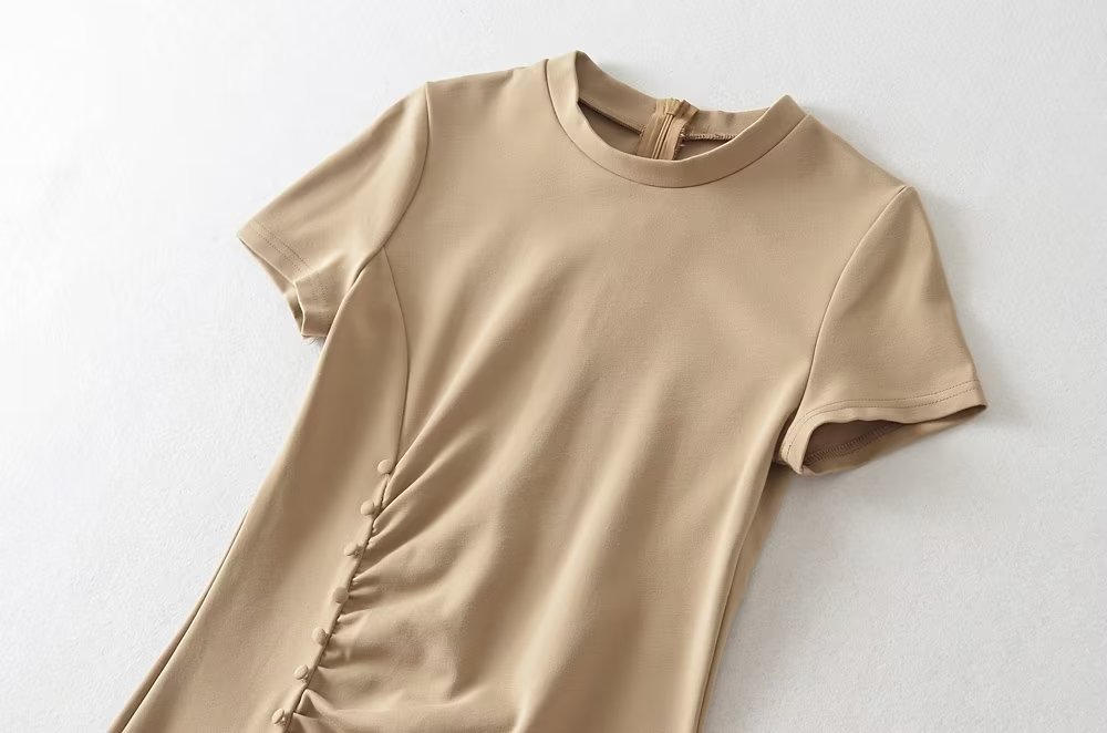 Summer round Neck Stretch Slim Fit Short-Sleeved Dress Women Sexy Tight Side Pleated Small Split Hip