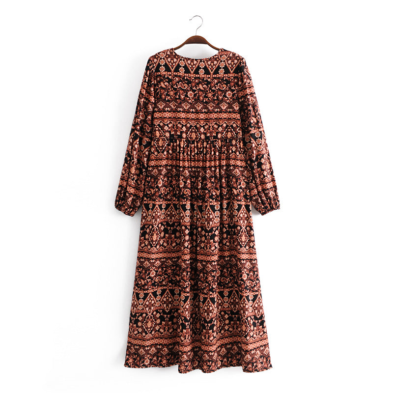 Bohemian Vacation Positioning Printing Loose Big Hem Long Sleeve Dress Long
