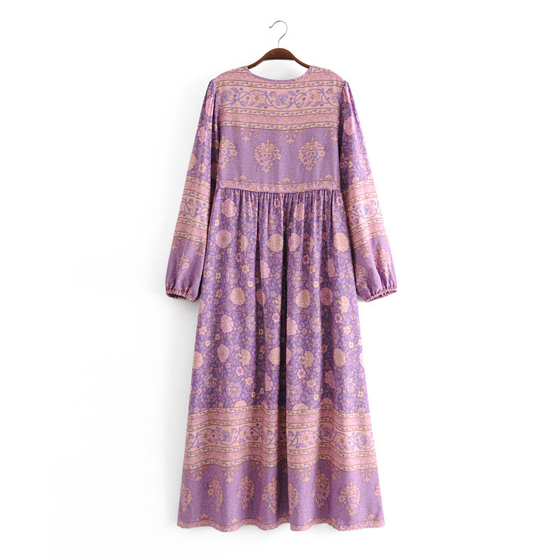Autumn Women Clothing Rayon Positioning Floral Long Sleeve Loose Dress