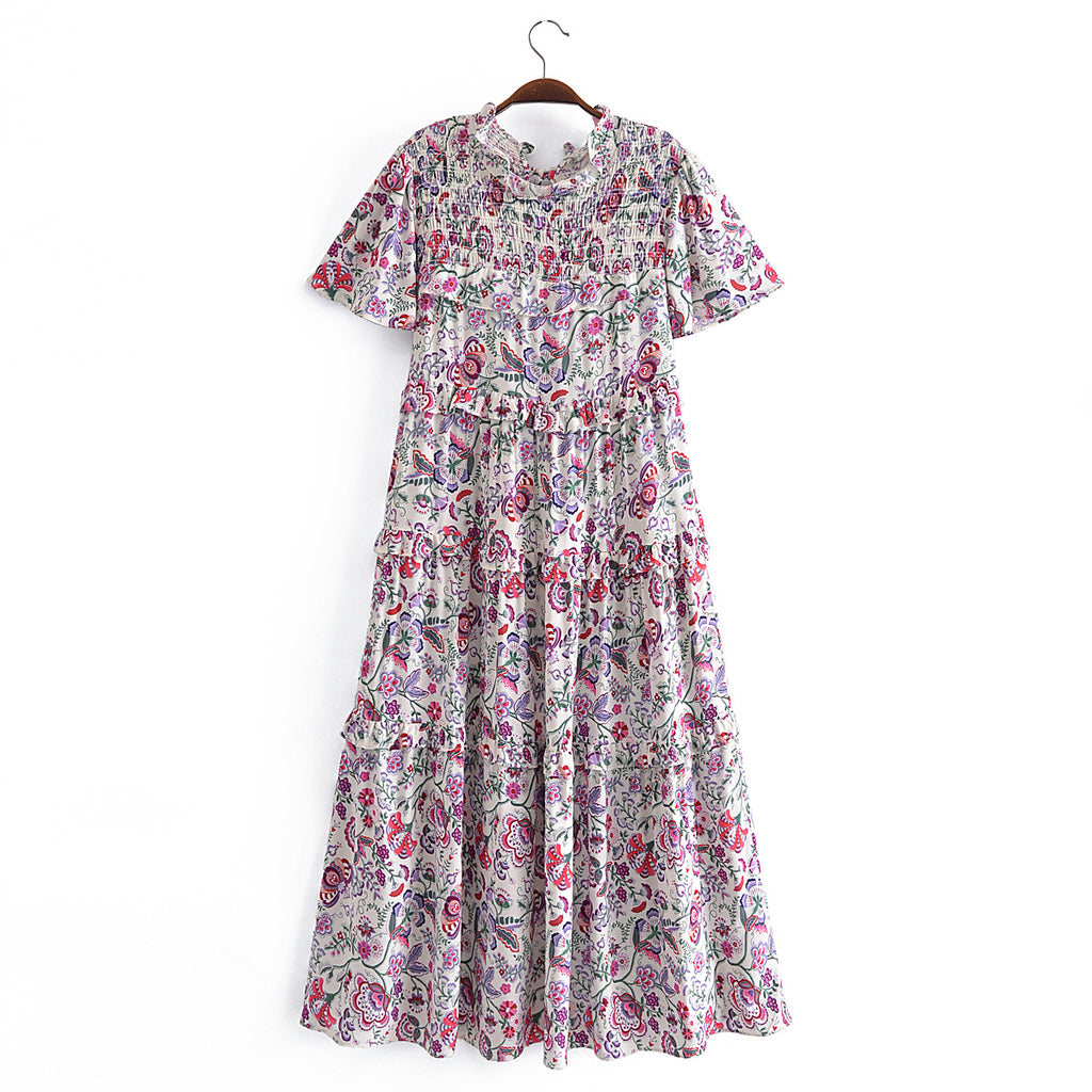 Ruffled Sleeve Waist Dress V neck Printed Tiered Dress