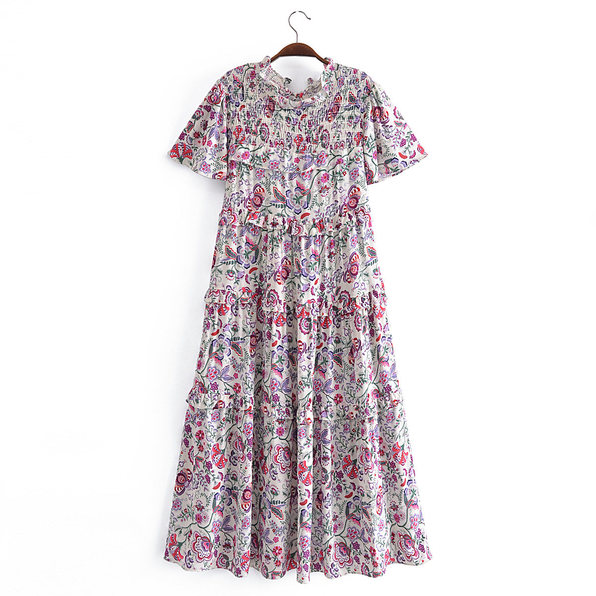 Ruffled Sleeve Waist Dress V neck Printed Tiered Dress