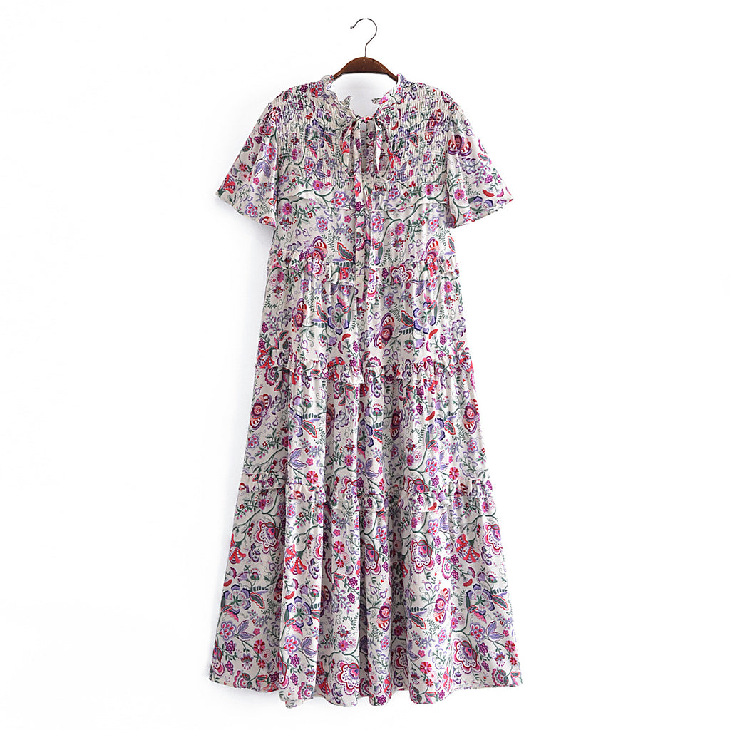 Ruffled Sleeve Waist Dress V neck Printed Tiered Dress