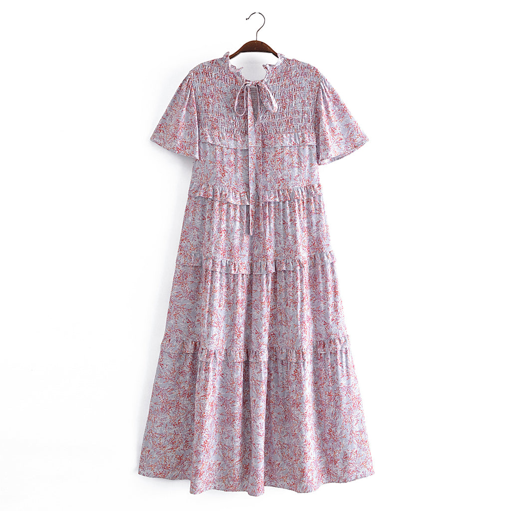 Autumn Women Printed Lace up Elastic Tiered Dress