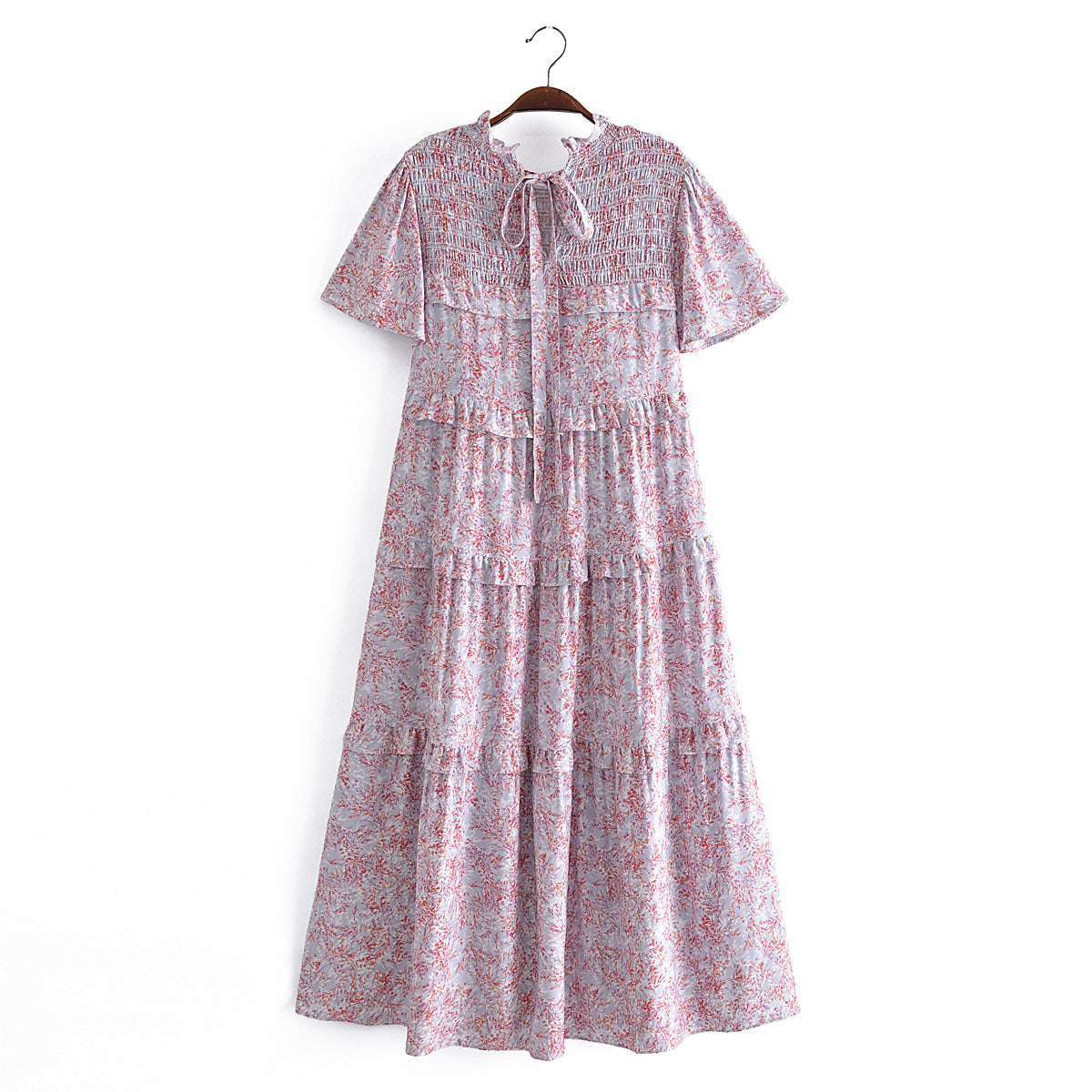 Autumn Women Printed Lace up Elastic Tiered Dress