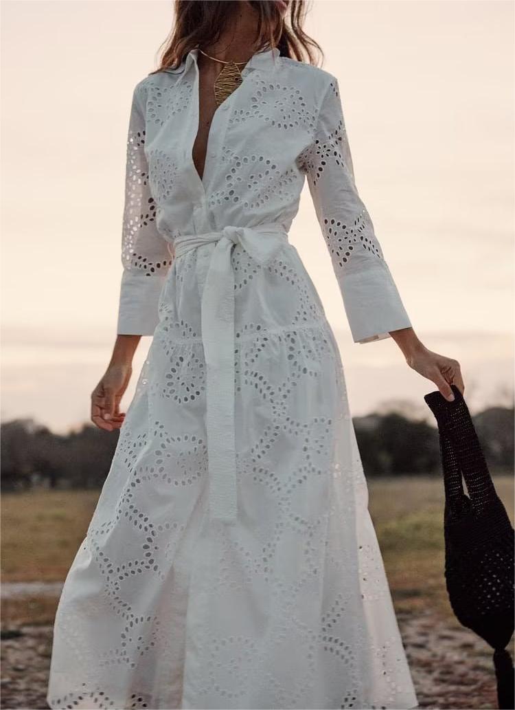Women Embroidered Maxi Dress Spring Summer Blouse Collar Dress with Belt