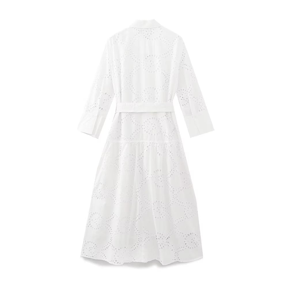 Women Embroidered Maxi Dress Spring Summer Blouse Collar Dress with Belt