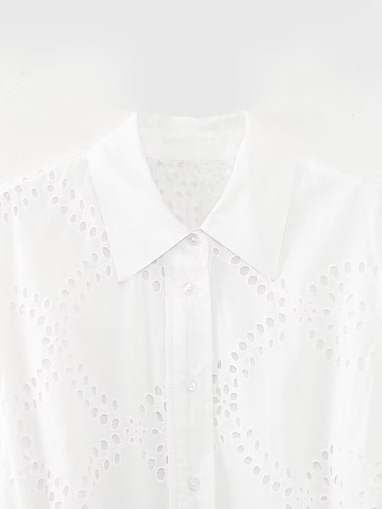 Women Embroidered Maxi Dress Spring Summer Blouse Collar Dress with Belt