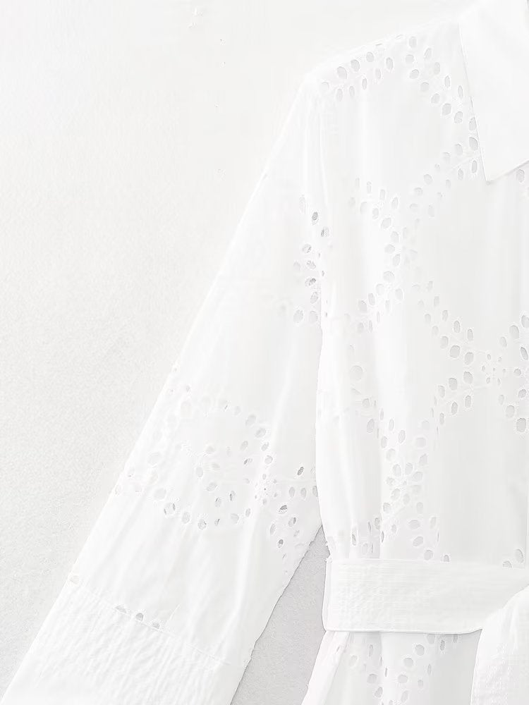 Women Embroidered Maxi Dress Spring Summer Blouse Collar Dress with Belt
