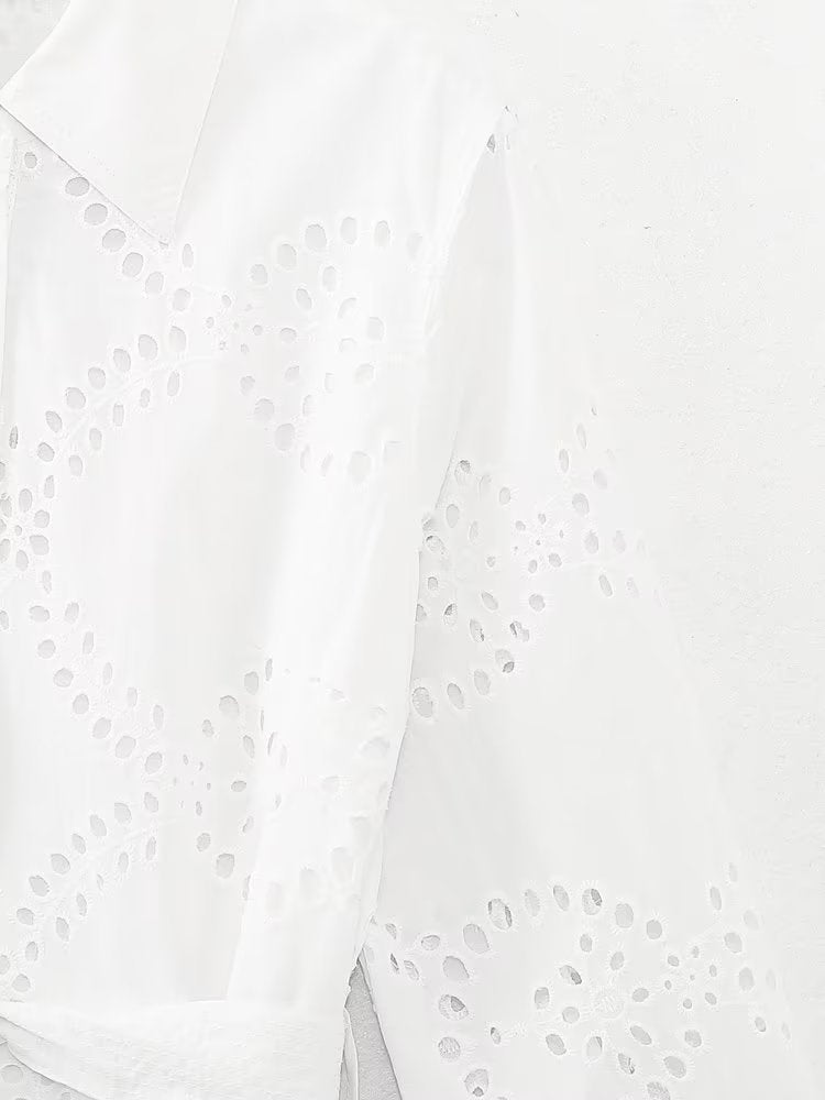 Women Embroidered Maxi Dress Spring Summer Blouse Collar Dress with Belt