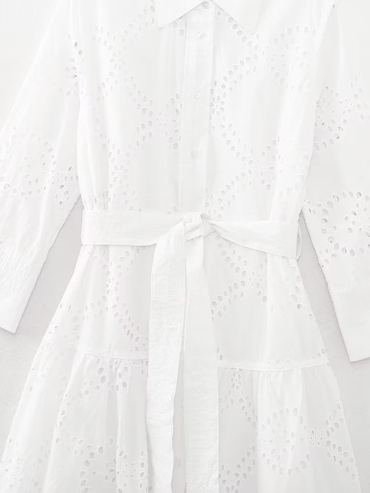 Women Embroidered Maxi Dress Spring Summer Blouse Collar Dress with Belt